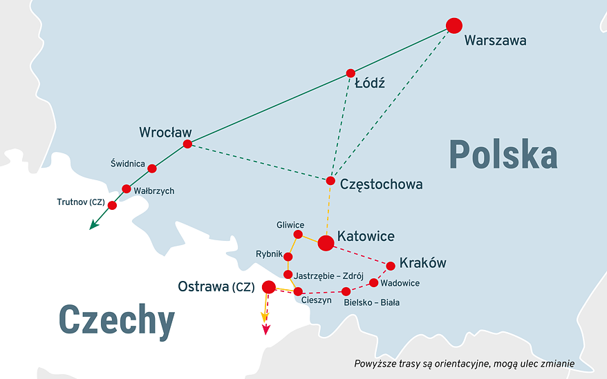 Mapa miejsc wyjazdów autokarów z Polski